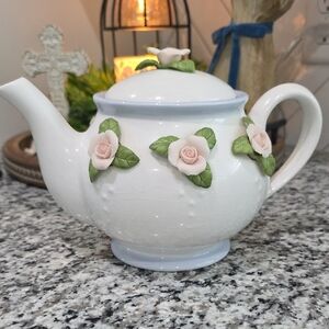 White Ceramic Teapot with Pink Rose Appliqués